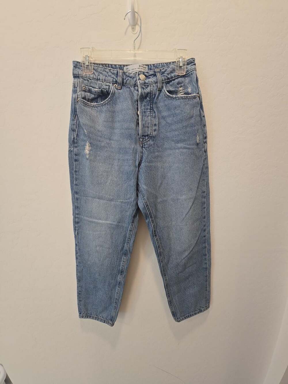 Stradivarius Mom Jeans Size 28 Blue Distressed Denim